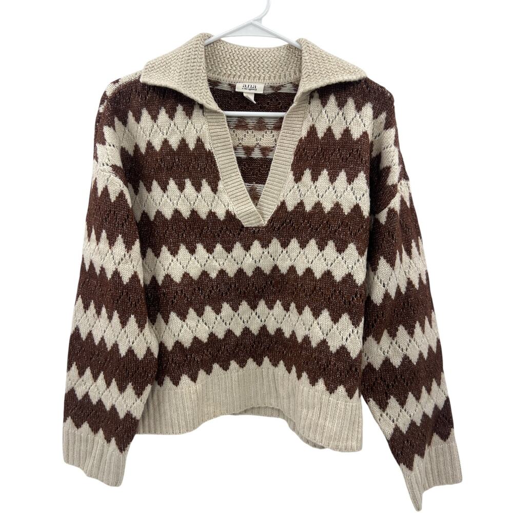 a.n.a (A New Approach) brown and cream open-collar knit sweater